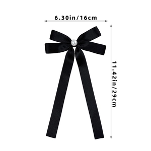 Size dimensions of black satin bow hair clip with pearl showing 16cm width and 29cm length