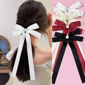 Balletcore Satin Bow Hair Clip With Artificial Pearl Elegant Ribbon Streamer Duckbill Clip For Women Sweet Wedding Party Accessories