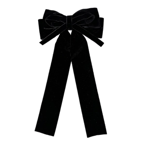 Elegant black velvet double-layered bow hair clip with long ribbon streamers