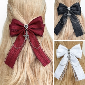 Barrette Nœud en Dentelle Gothique Avec Strass Cœur et Pendentif Croix Style Lolita Sombre Accessoire de Coiffure Femme