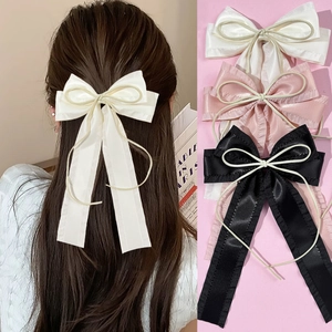 Elegant Satin Ribbon Bow Streamer Hair Clip For Women Balletcore Pleated Edge Long Tassel Hairpin Fashion Hair Accessory