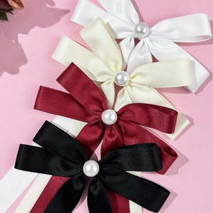 Elegant satin bow hair clips with pearls in white, beige, burgundy and black colors