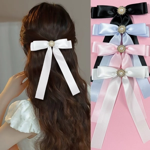 Elegante Satin Schleife Haarspange Für Damen Französisch Strass Kunstperle Langes Band Balletcore Süßer Kopfschmuck