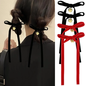 Velvet Bow Hair Clips With Golden Bell Long Streamer Sweet Vintage Christmas Hairpins For Women Girls Hair Accessories