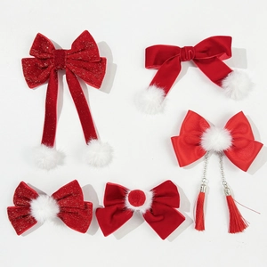 Red Velvet Bow Hair Clip For Girls Chinese Style New Year Festive Hair Accessories With Fur Ball Tassel Hair Pins Gift