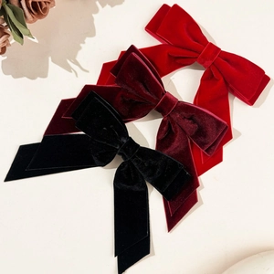 Elegant set of double-layered velvet bow hair clips with long ribbons in red and black