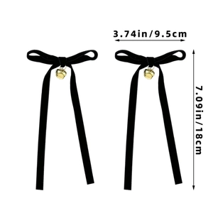 Detailed size chart for black velvet bow hair clips with golden bells on white background