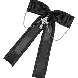 Pince à cheveux noeud en satin noir gothique avec croix argentée et longues chaînes
