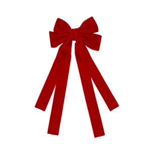 Elegant red velvet hair bow with four long streamers on a white background