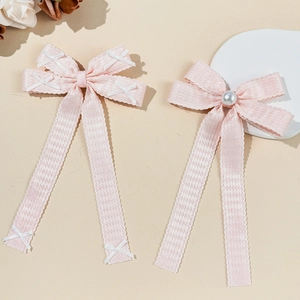 Pinces à Cheveux Nœud en Tissu Pied-de-poule Rose Doux Avec Longs Rubans Imitation Künstliche Perle Épingles à Cheveux Style Coréen