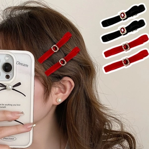 French Vintage Velvet Bowknot Hair Clip Red Rhinestone Handmade Sweet Elegant Side Duckbill Clip Hair Accessory For Women