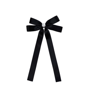 Elegant black satin ribbon bow hair clip with a centered white pearl decoration