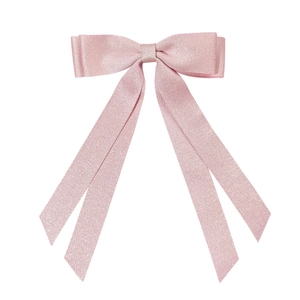 Elegant light pink double-layer bow hair clip with long ribbons in herringbone texture