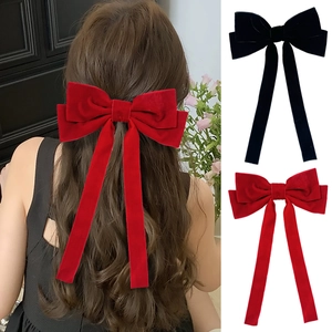 Elegant Velvet Bow Hair Clip With Long Streamer Large Double Layer Hair Accessories For Women Vintage Back Head Clip