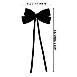Detail showing the dimensions of the black velvet bow hairclip with long streamers
