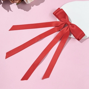 Elegant red satin double bow hair clip with long ribbons for women hair accessories