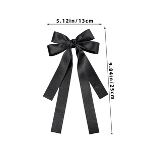 Detailed size chart for black satin bow hair clip measuring 13cm width and 25cm length