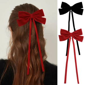 Vintage Velvet Bow Hair Clip With Long Ribbons Sweet Elegant Handmade Duckbill Clip For Women Daily Party Hair Accessories