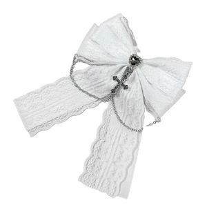 Barrette nœud en dentelle blanche gothique avec cœur noir et pendentif croix argent