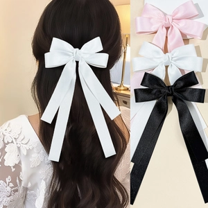 Sweet Satin Bow Long Streamer Hair Clip For Women Ribbon Duckbill Clip Elegant Solid Color Handmade Hair Accessories