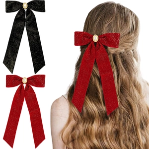 Large Velvet Bow Hair Clip For Women Faux Artificial Pearl Center Gold Glitter Elegant Handmade Sweet Spring Clip Accessory Party
