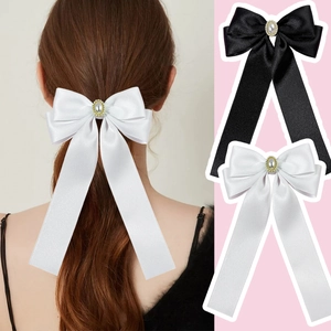 Pince à Cheveux Nœud en Satin Avec Long Ruban Fausse Künstliche Perle Strass Décoration Élégant Style Français Accessoire Cheveux Femme