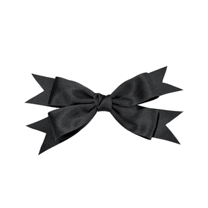 Elegant black satin bow hair clip with double-layer design and swallowtail cut on white backdrop