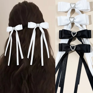 Elegant Satin Ribbon Bow Hair Clips With Heart Rhinestone Long Streamers Sweet Korean Style Handmade Hairpins For Women