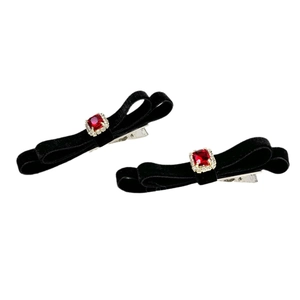 French vintage style black velvet bow hair clips with red ruby and silver rhinestones