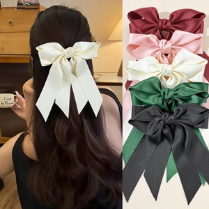 Barrette à Nœud en Satin Élégante Avec Long Ruban Couleur Unie Pince à Ressort Fait à la Main pour Femme Fille Accessoires Cheveux