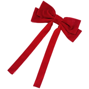 Elegant large deep red velvet bow hair clip with long ribbons for a vintage princess look