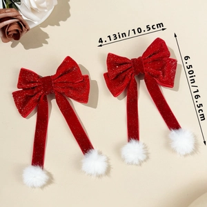 Detailed size specifications for red velvet bow hair clips with white fluffy balls