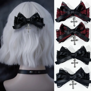 Pinza para el Cabello Gótica de Lazo de Encaje y Cinta Con Colgante de Cruz de Metal Lolita Estilo Oscuro Pinza de Pico de Pato Mujer