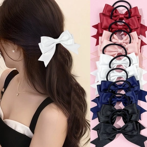 Sweet Double Layer Satin Bowknot Hair Ties For Women Girls Handmade Ribbon Elastic Hair Bands Versatile Hair Accessories