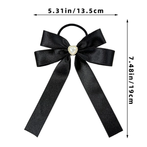 Black satin bow hair scrunchie with heart pearl detailing measuring 13.5cm by 19cm