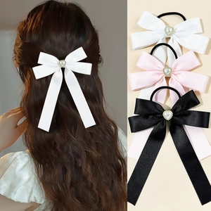 Korean Style Satin Bow Hair Tie With Heart Faux Artificial Pearl Rhinestone Long Streamer Elastic Ponytail Holder For Women Girls