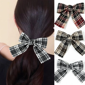 British Retro Plaid Bow Hair Clip For Women Academy Style Webbing Duckbill Clip Rhinestone Fashion Hair Accessories