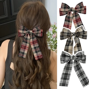 Vintage Academy Style Plaid Bow Hair Clip For Women Ribbon Bowknot With Long Streamer Sequin Decorative Hair Accessory