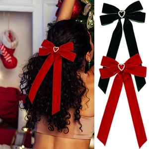 Vintage Velvet Bowknot Hair Clip With Heart Rhinestone Long Ribbon Streamers Christmas Festive Hair Accessories For Women