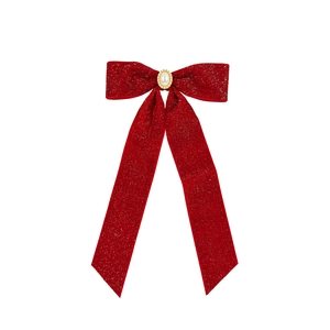 Elegant red velvet bow hair clip with sparkling glitter and a center pearl detail