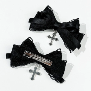 Pinzas para el pelo con lazo de encaje negro y cruz plateada para estilo gótico Lolita
