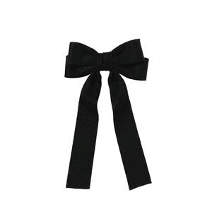 Elegant black fabric bow hair clip with long ribbons and vintage spring buckle for women