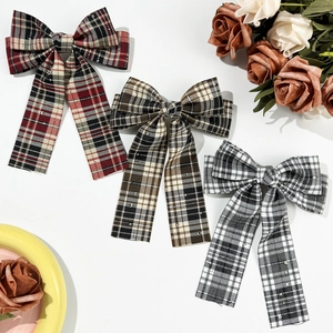 Japanese style retro plaid bow hair clips with long ribbons in assorted classic colors