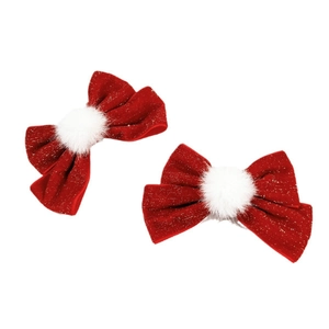 Red velvet bow hair clips with white pom poms and gold glitter for New Year and festivals