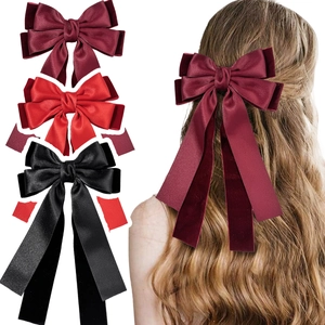 French Vintage Double Layer Velvet Bow Streamer Hair Clip For Women Elegant Large Satin Ribbon Spring Clip Hair Accessories