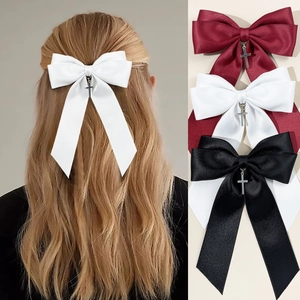 Pince à Cheveux Nœud en Ruban de Satin Gothique Avec Pendentif Croix en Alliage Argent pour Femmes Accessoires Cheveux