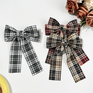 Japanese style plaid bow hair clips with long streamers in classic retro patterns