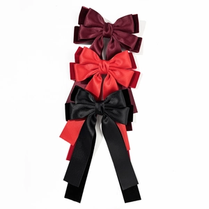 Three-piece set of elegant French vintage double-layered velvet ribbon bow hair clips in red and black