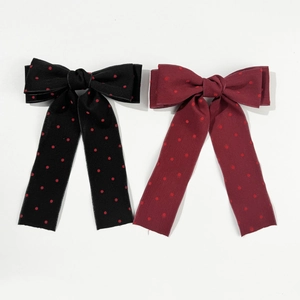 Sweet polka dot bow hair clip with long ribbons in black and burgundy red fabric