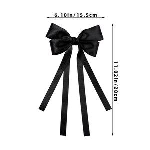 Detailed size specifications for the large black satin bow hair clip with long ribbons